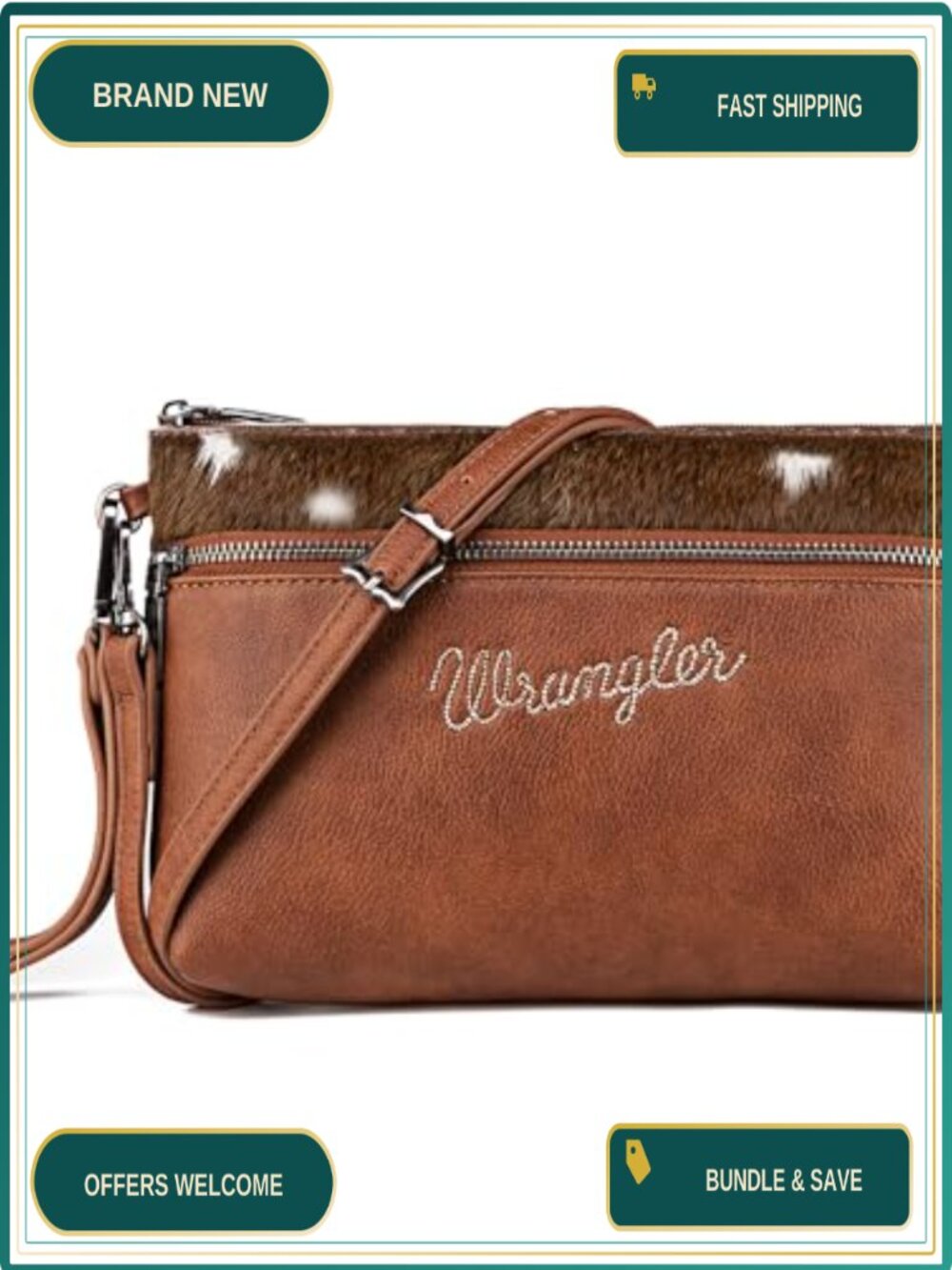 Hair-on Cowhide Leather-Like Wristlet Crossbody Bag with Embroidered Logo